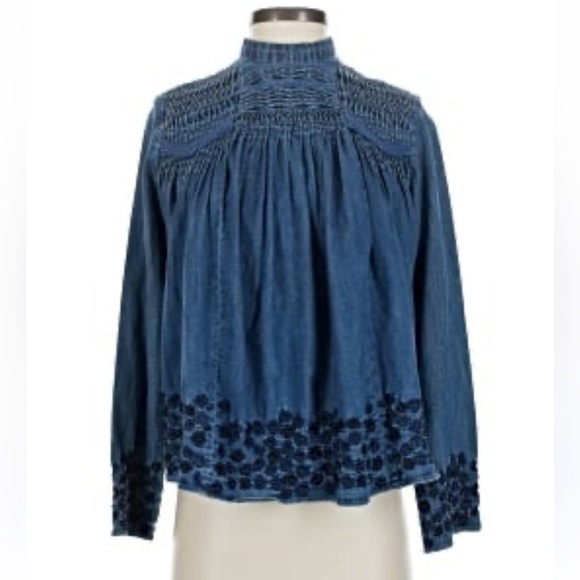 Needle & Thread Tops - Needle & Thread pintucked embroidered denim high neck blouse EUC size small